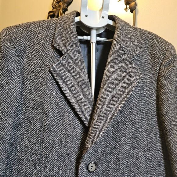 Vintage 80s 90s Herringbone Wool Overcoat Czechoslovakia Mens XL Gray Long Mob - Picture 2 of 9